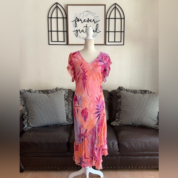 Vintage PHOOL Bright & Colorful Floral Dress Ruffle Asymmetrical Hem Rare 90s - Picture 13 of 15